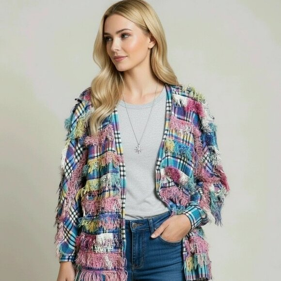 Paula Sweet Muslin Mink Women's Vintage Pastel Fringe Shag & Plaid Jacket Small - Picture 1 of 14